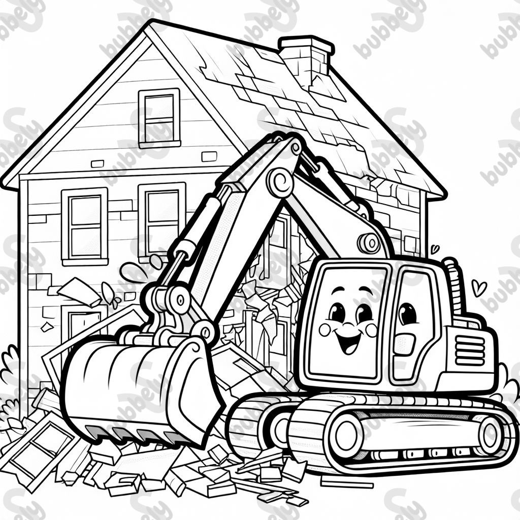 einen Bagger der ein Haus abreißt