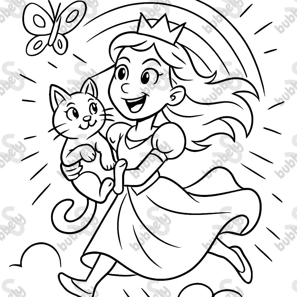 Princesse avec un chat dans les bras et un papillon et un arc-en-ciel Princesse avec un chat dans les bras et un papillon et un arc-en-ciel