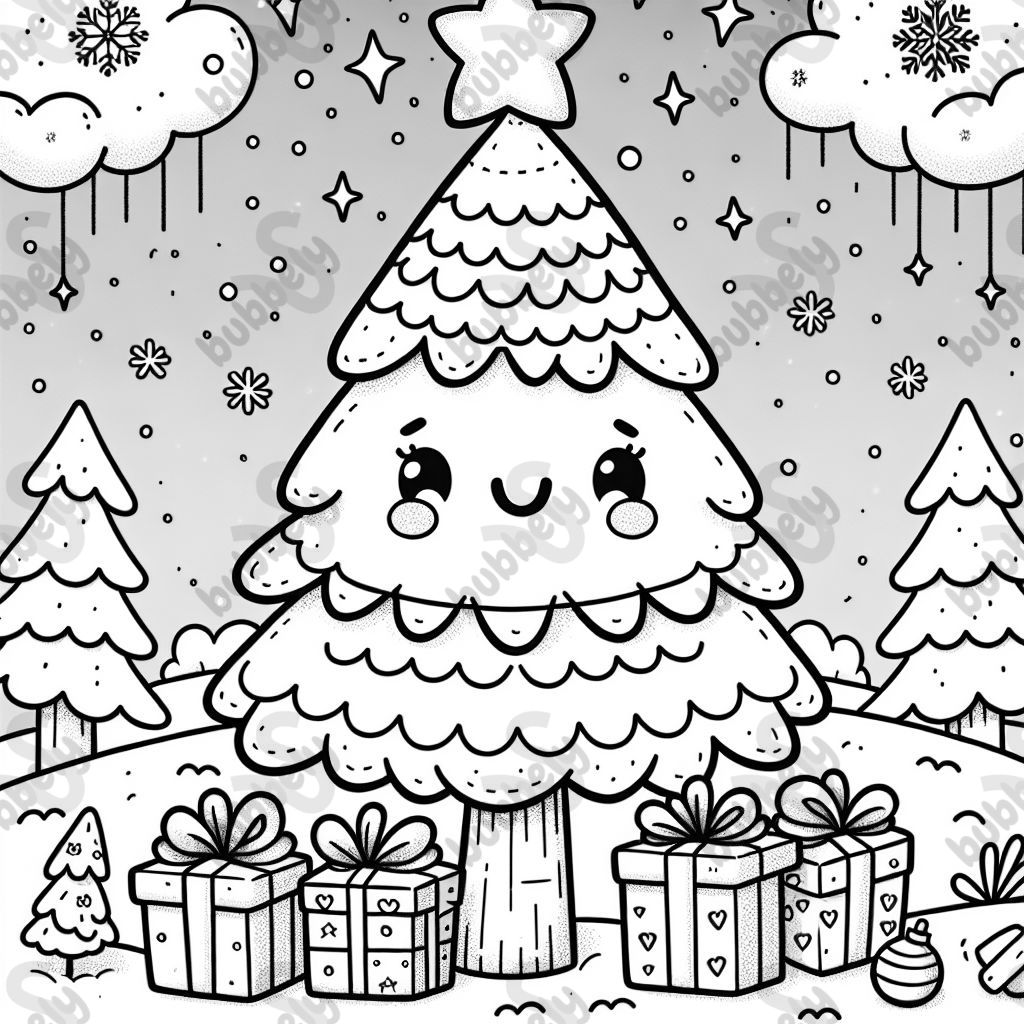 Christmas tree with star on top and presents under