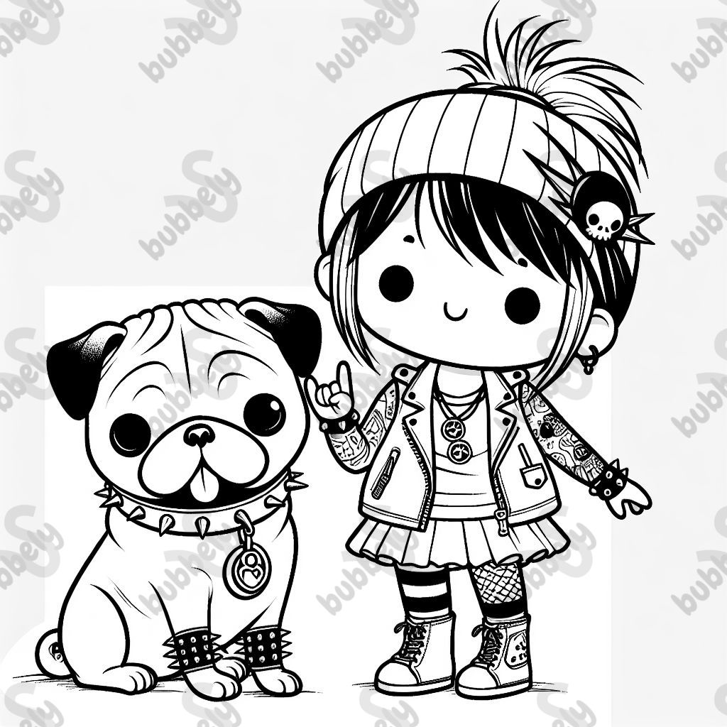 A little girl and pug playing together dressed as punk rockers