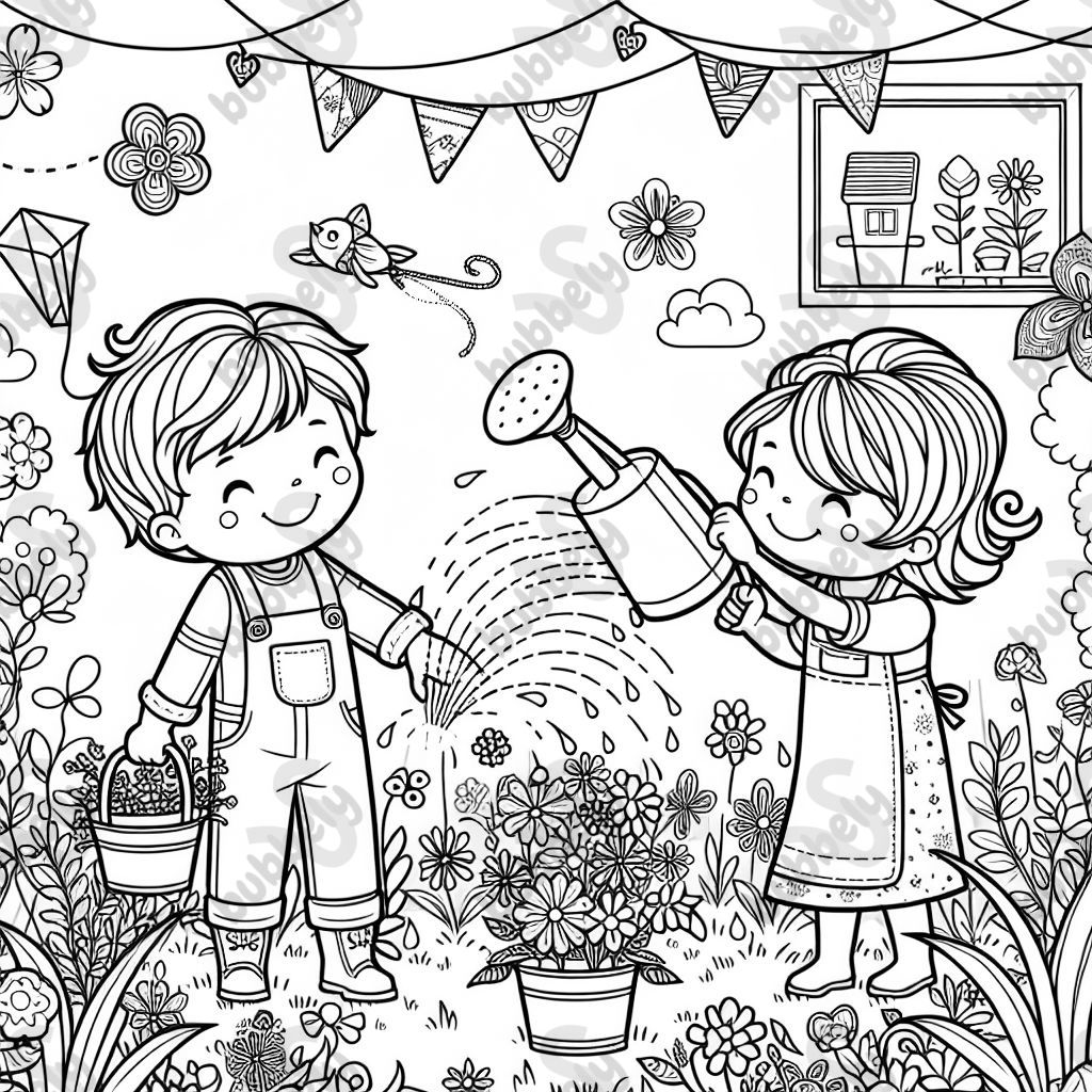 mom and me watering flowers