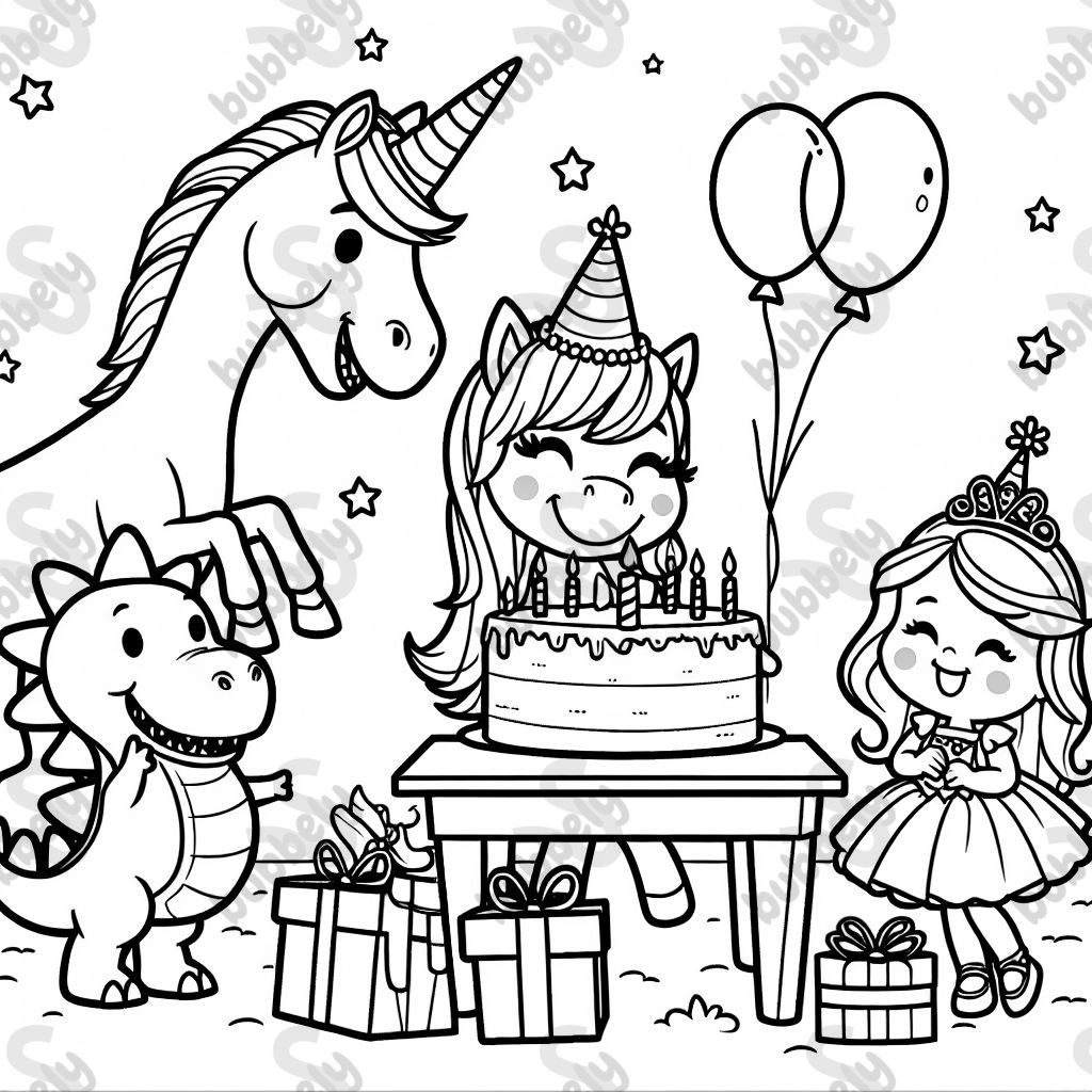 ein Einhorn feiert Geburtstag. die Gäste sind ein Dino, eine Prinzessin und eine Fee