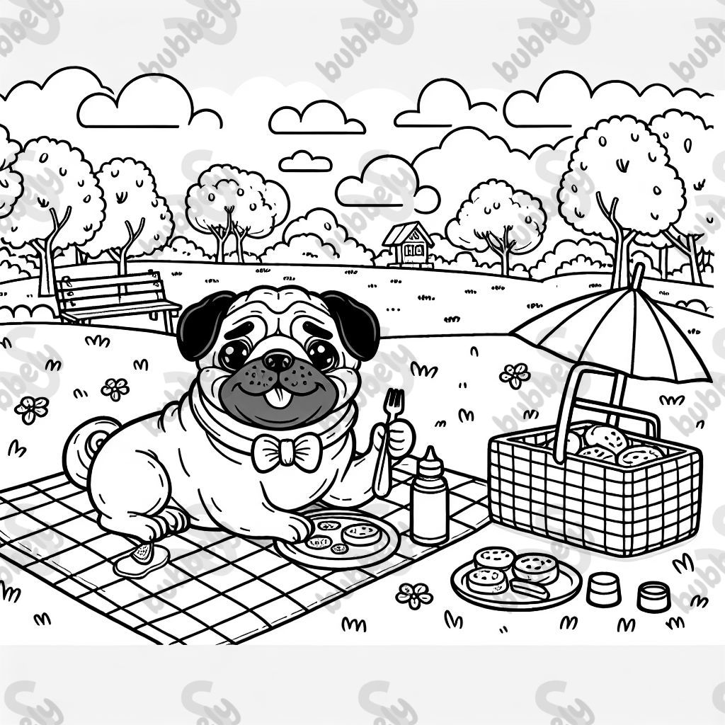 Pug having a picnic in the park.
