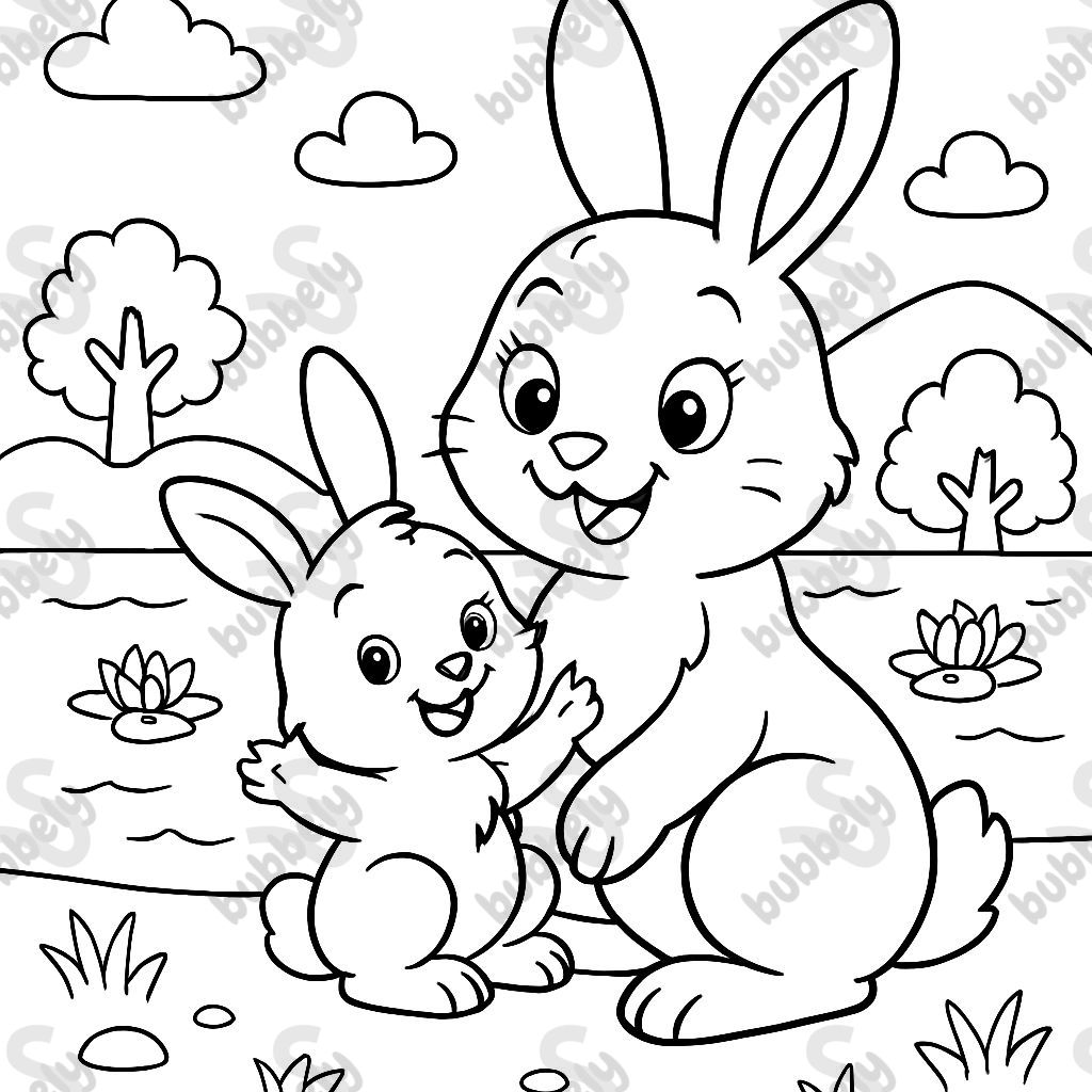 a baby bunny with mom by the lake