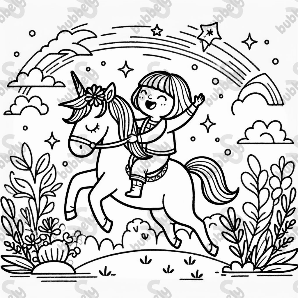short-haired woman riding a unicorn