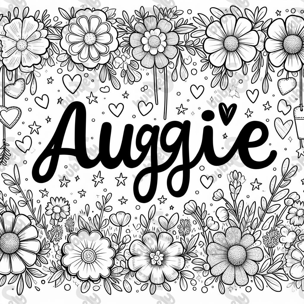 the name auggie with flowers around it