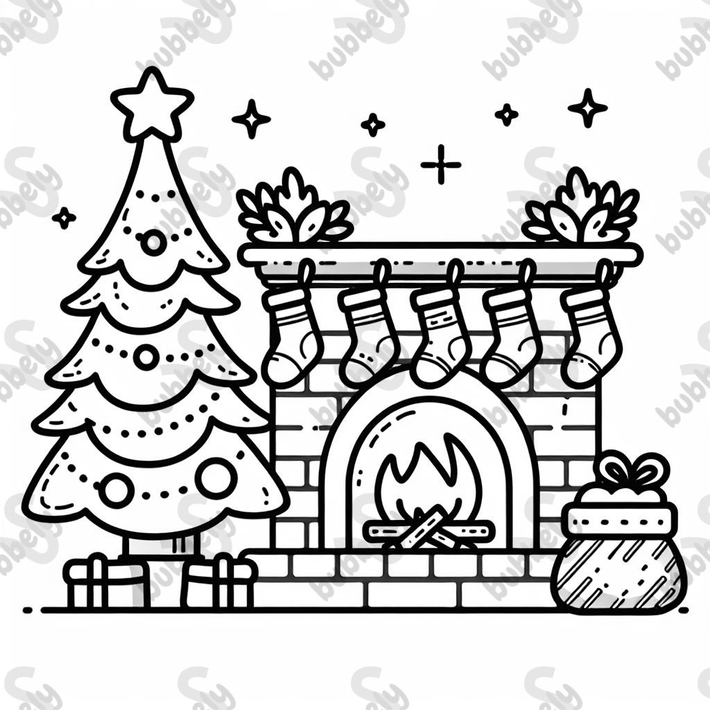 Christmas tree next to a fireplace with stockings