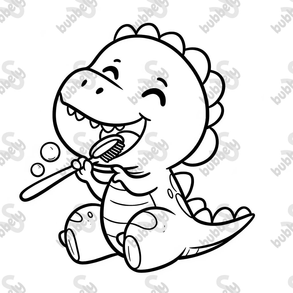 einen Dino, der sich glücklich die Zähne putzt