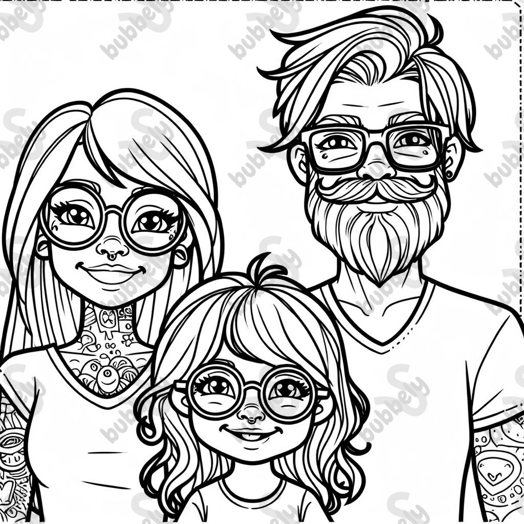 Mom with tattoos and glasses and long hair, dad with a beard and glasses and a few tattoos, and a 5-year-old daughter with shoulder-length curly hair.