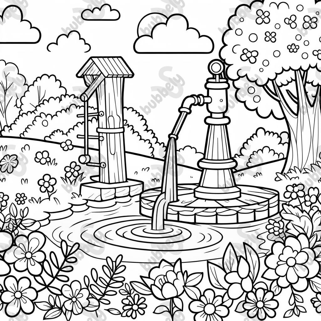 Haute pompe à eau avec rivière et fleurs Haute pompe à eau avec rivière et fleurs