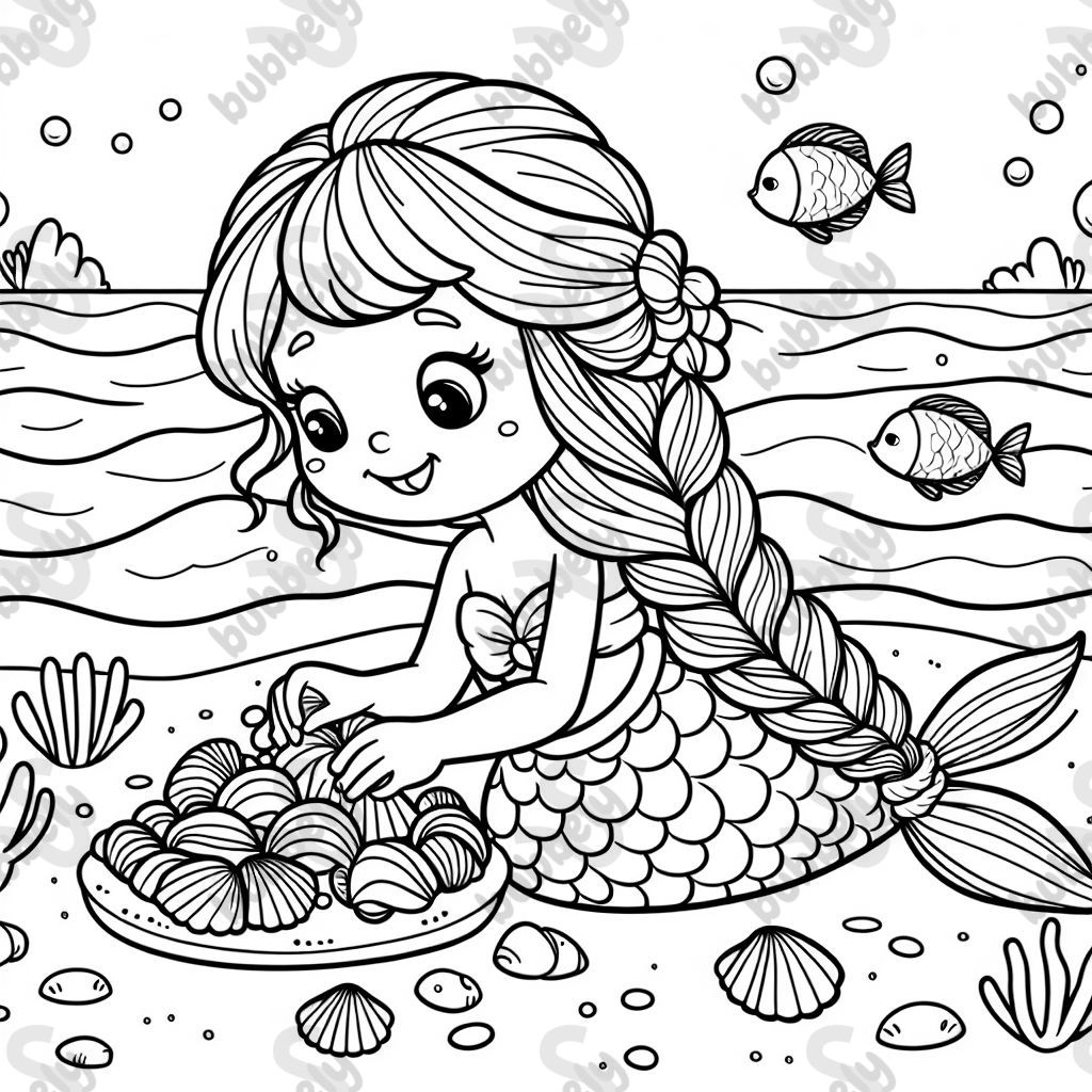 une sirène avec une tresse ramassant des coquillages une sirène avec une tresse ramassant des coquillages