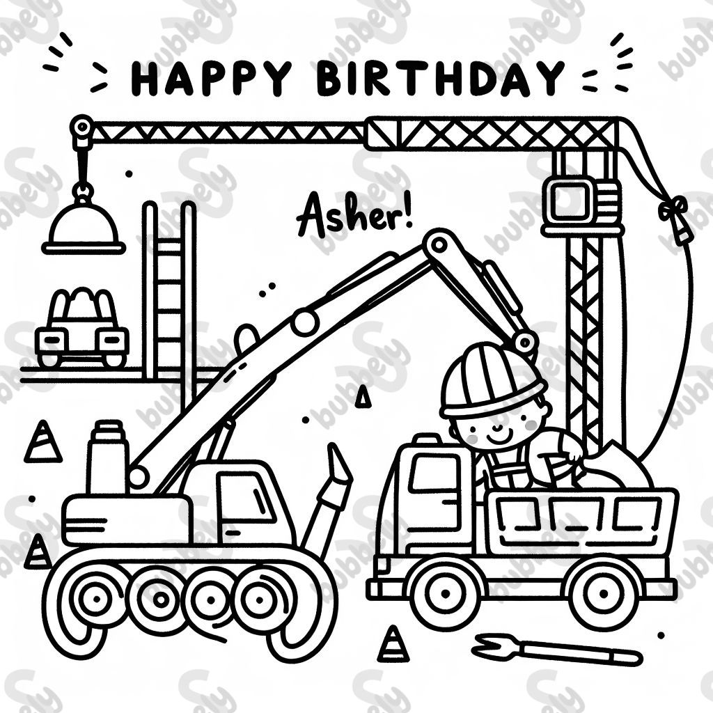 construction equipment with a message that says "Happy Birthday, Asher!"