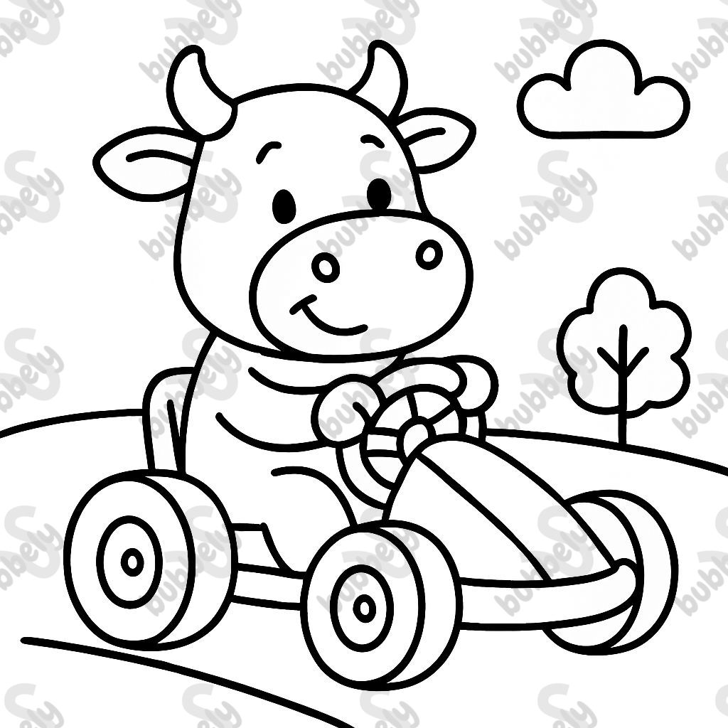 Cow riding a go kart.