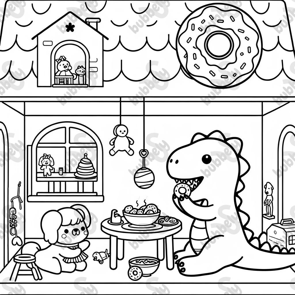 dinosaur eating dinner and donut with a dog and doll in doll house 