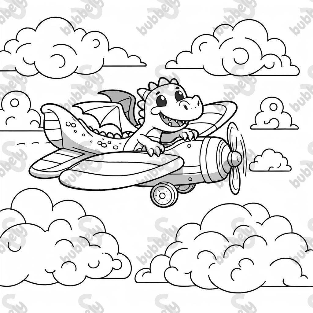 A dragon flying an airplane on a cloudy day.