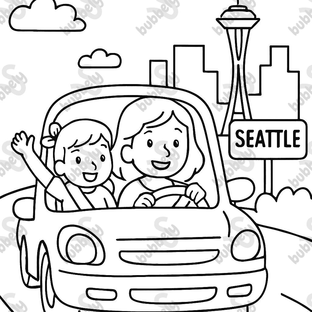 Maman et fille conduisant vers Seattle.