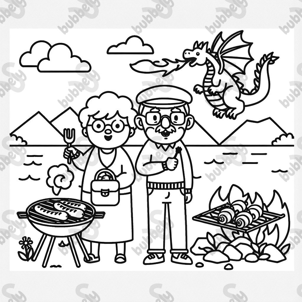 Oma und Opa am See mit Grillwürstchen und einem feuerspuckenden Drachen in der Luft.