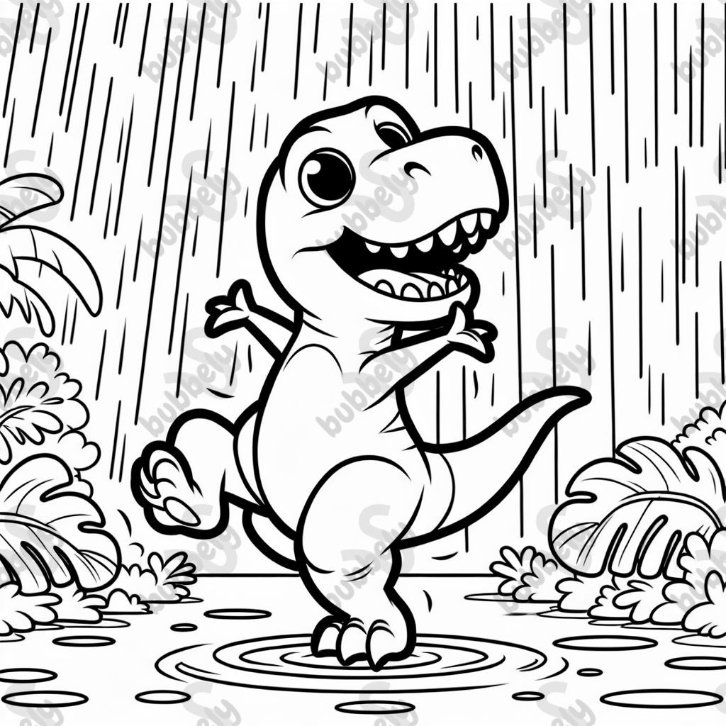A t-rex dancing in the rain