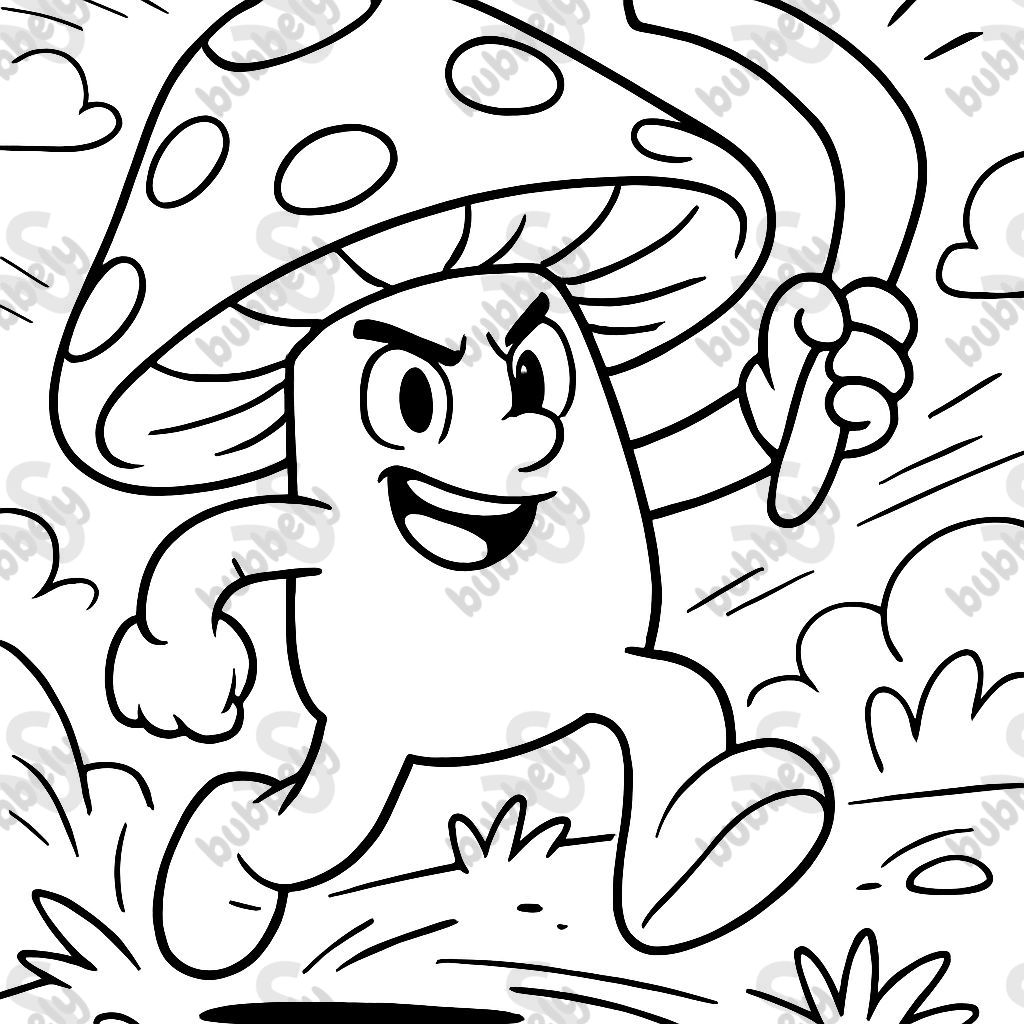 a mushroom person holding a boomerang