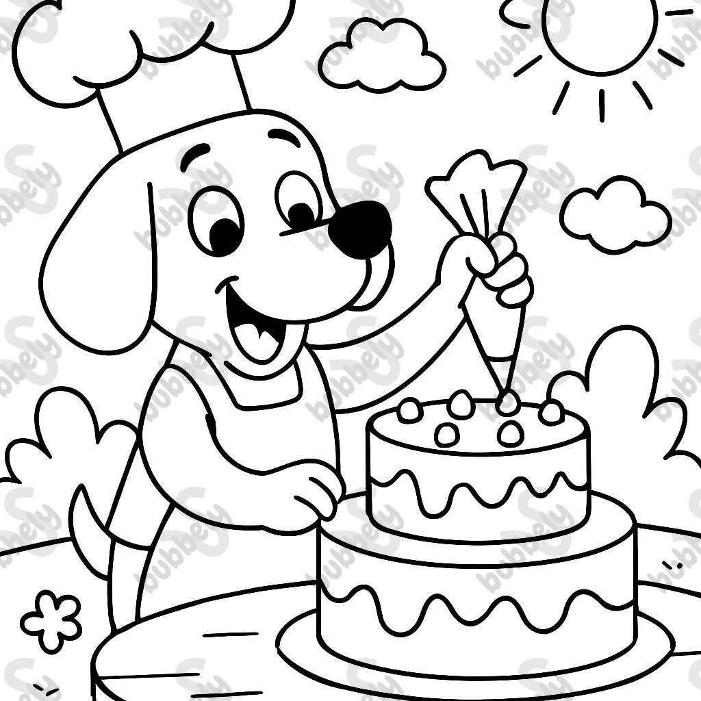 a dog with a chefs hat decorating a two tier cake