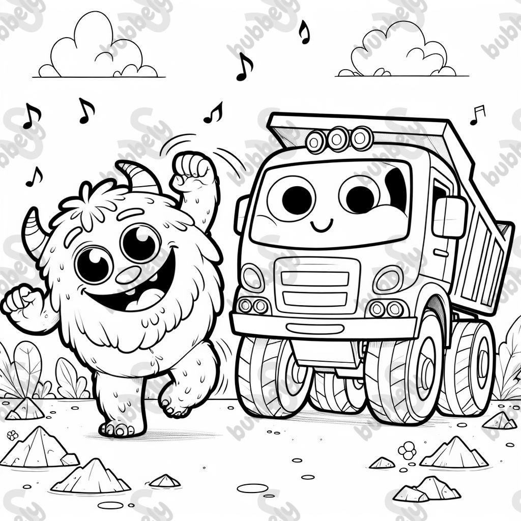 A really happy monster dancing with a dump truck