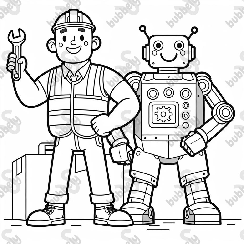 A bald man in a safety vest standing next to an industrial robot and holding a wrench. A bald man in a safety vest standing next to an industrial robot and holding a wrench.