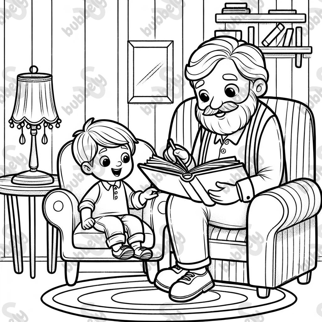 Toddler reading a book with his grandpa