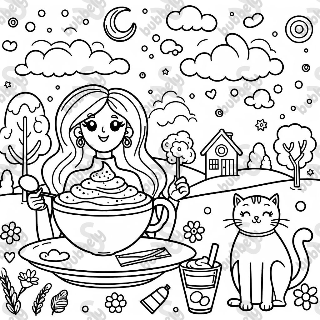 Frau mit Latte macchiato und Katze 