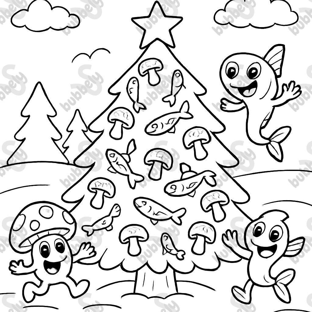 A christmas tree decorated with anchovies and mushrooms.