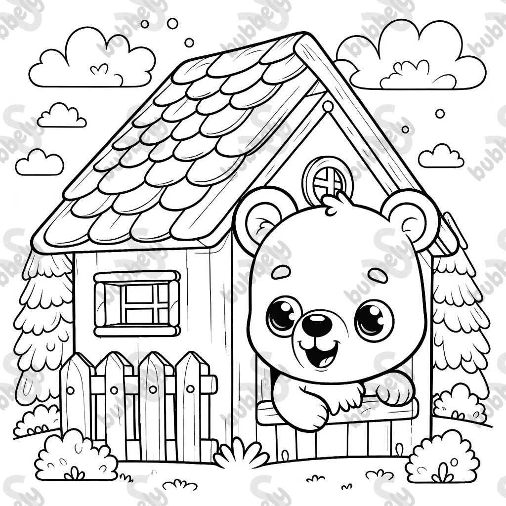 Ein Bild von einem kleinen Bären, der neugierig aus seinem Haus schaut.