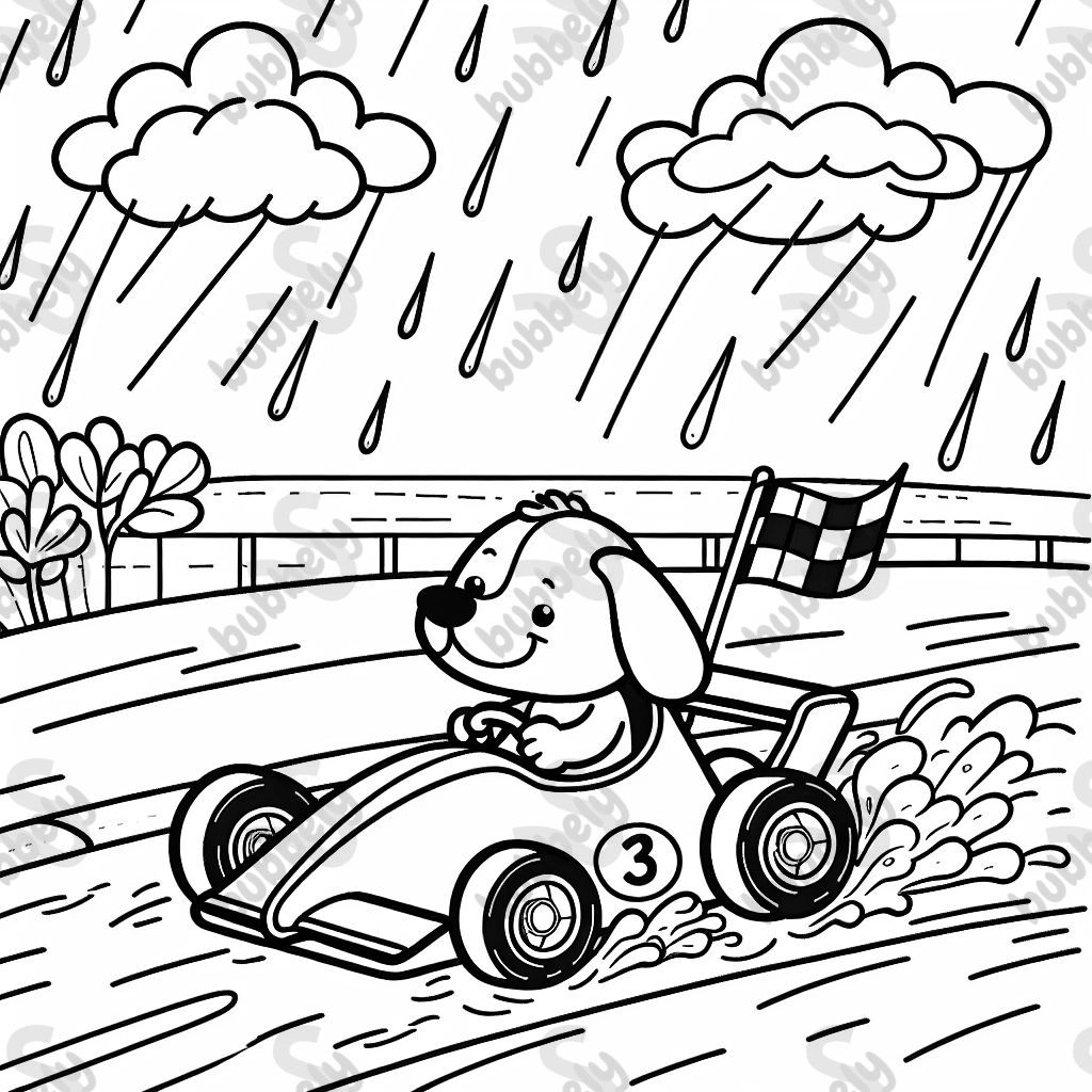 dog driving a racecar on a racetrack in the rain
