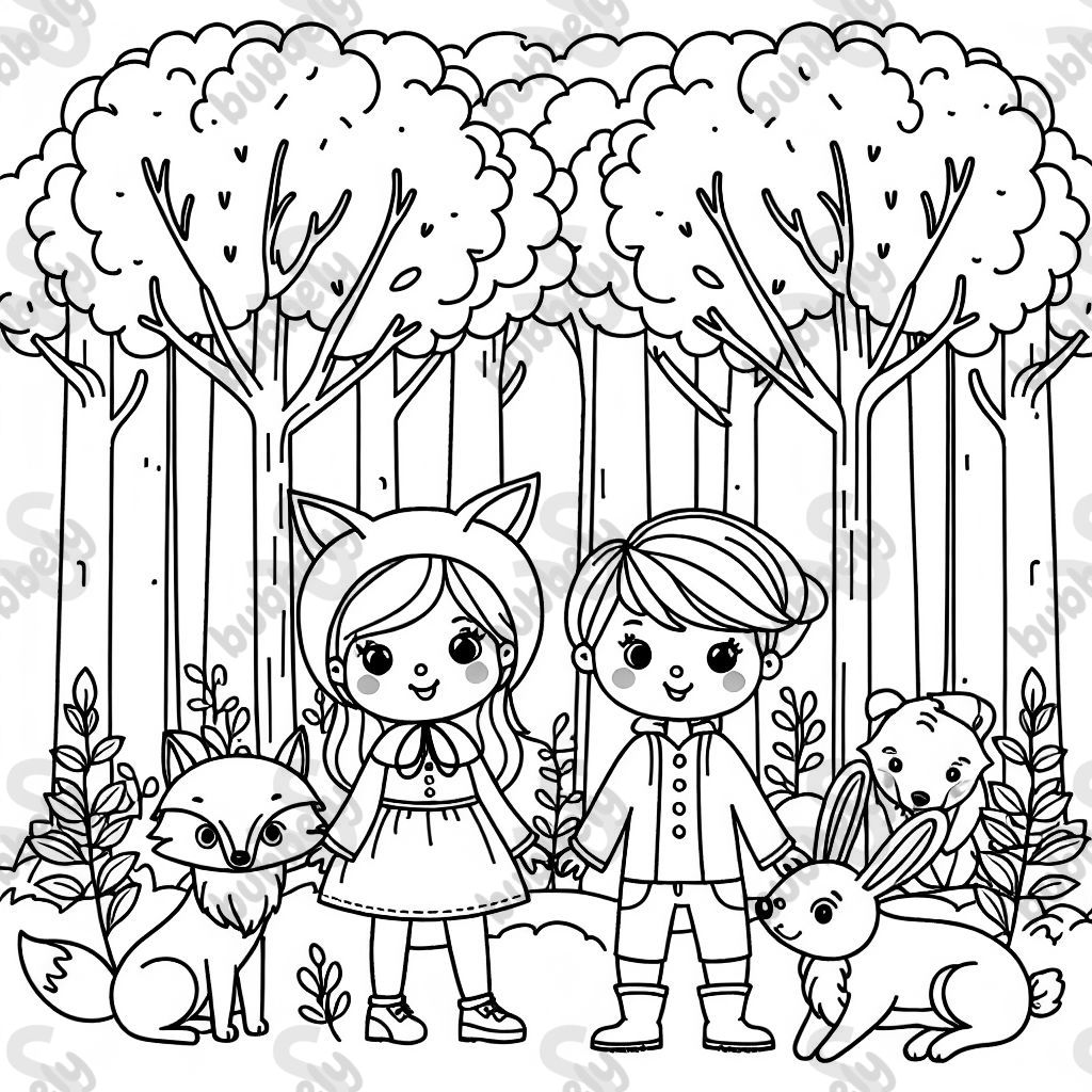one girl and one boy in the woods together with a wolf a fox and a rabbit  