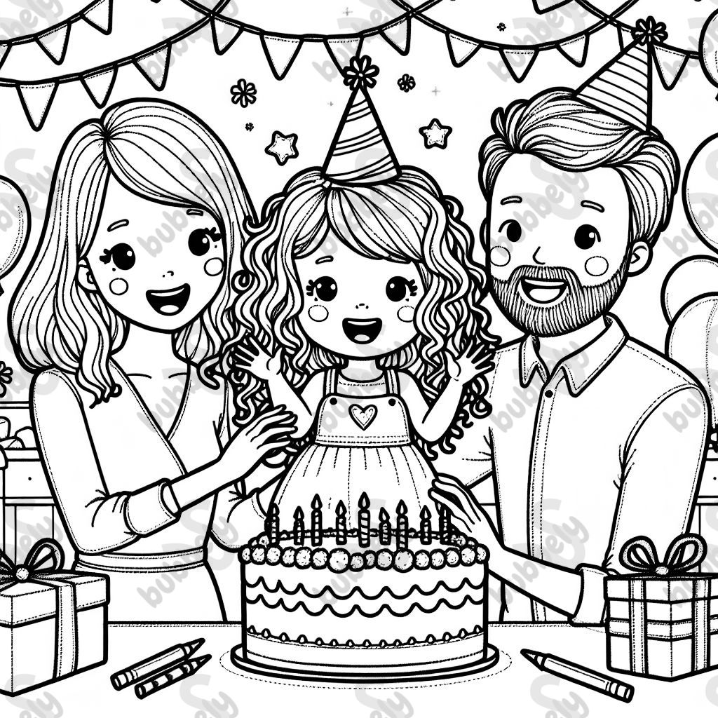 Geburtstagsfeier eines überglücklichen vierjährigen Mädchens mit lockigem Haar, umringt von ihrer wunderschönen Mutter mit schulterlangem welligen Haar und ihrem Vater mit kurzem grauen Haar und Dreitagebart.