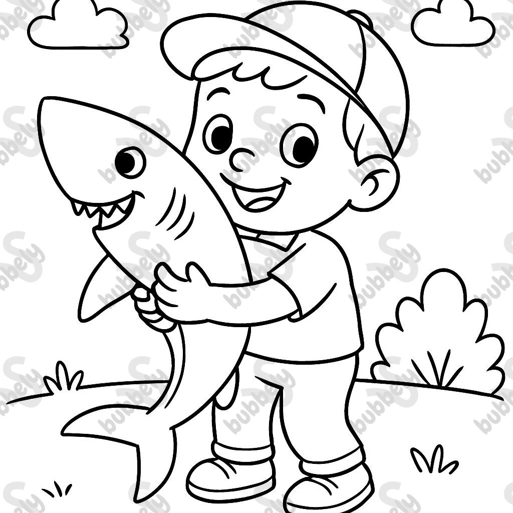 A boy with a stuffed mako shark.