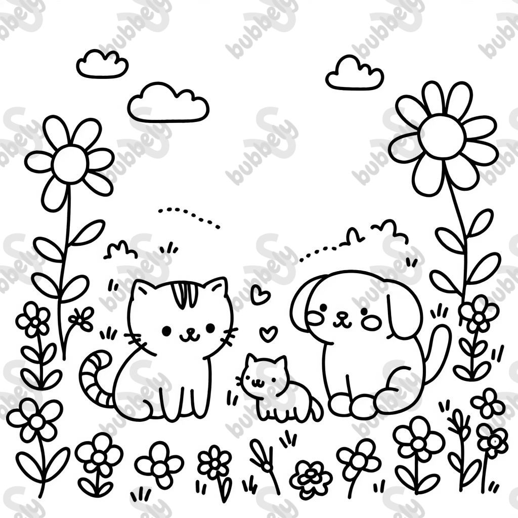 A meadow with two cats and a puppy