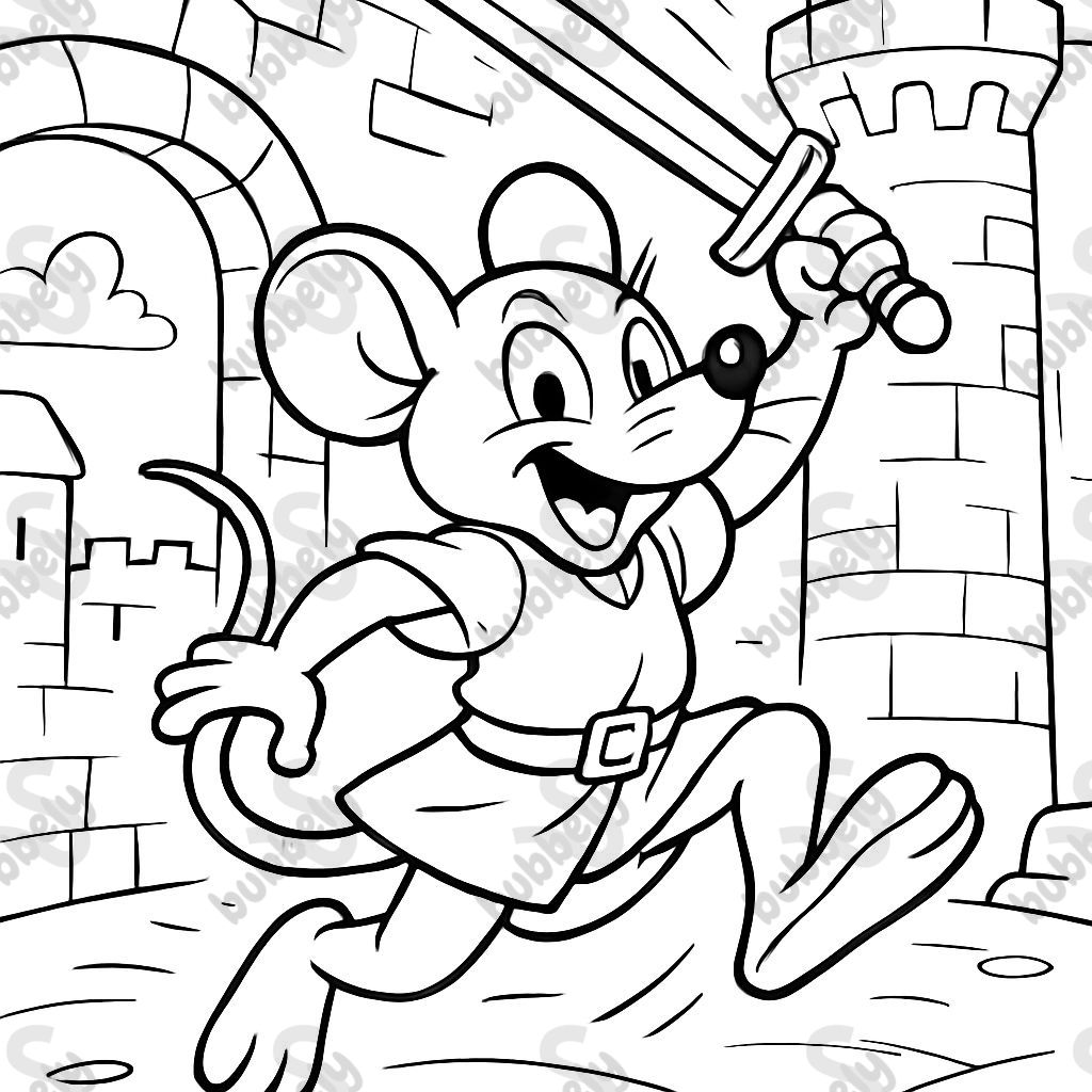 A mouse in a castle with a sword
