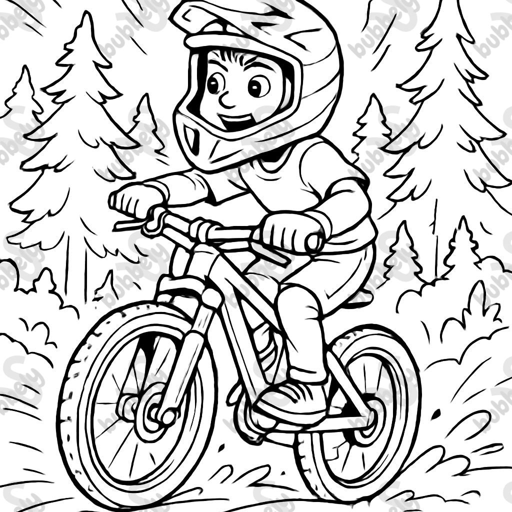 10 year old boy on a mountain bike. In the background, there is a forest. Wearing a full-face helmet 10 year old boy on a mountain bike. In the background, there is a forest. Wearing a full-face helmet