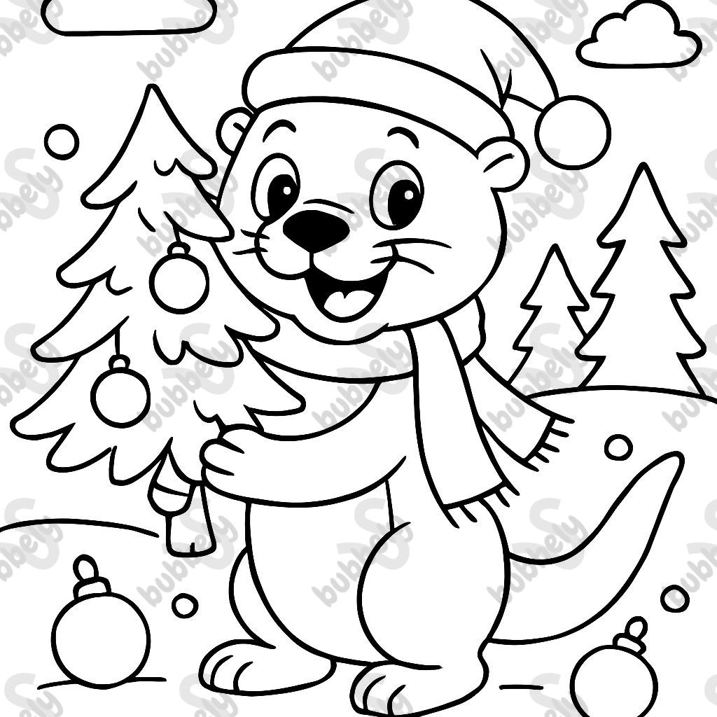 An otter holding a Christmas tree and ornaments