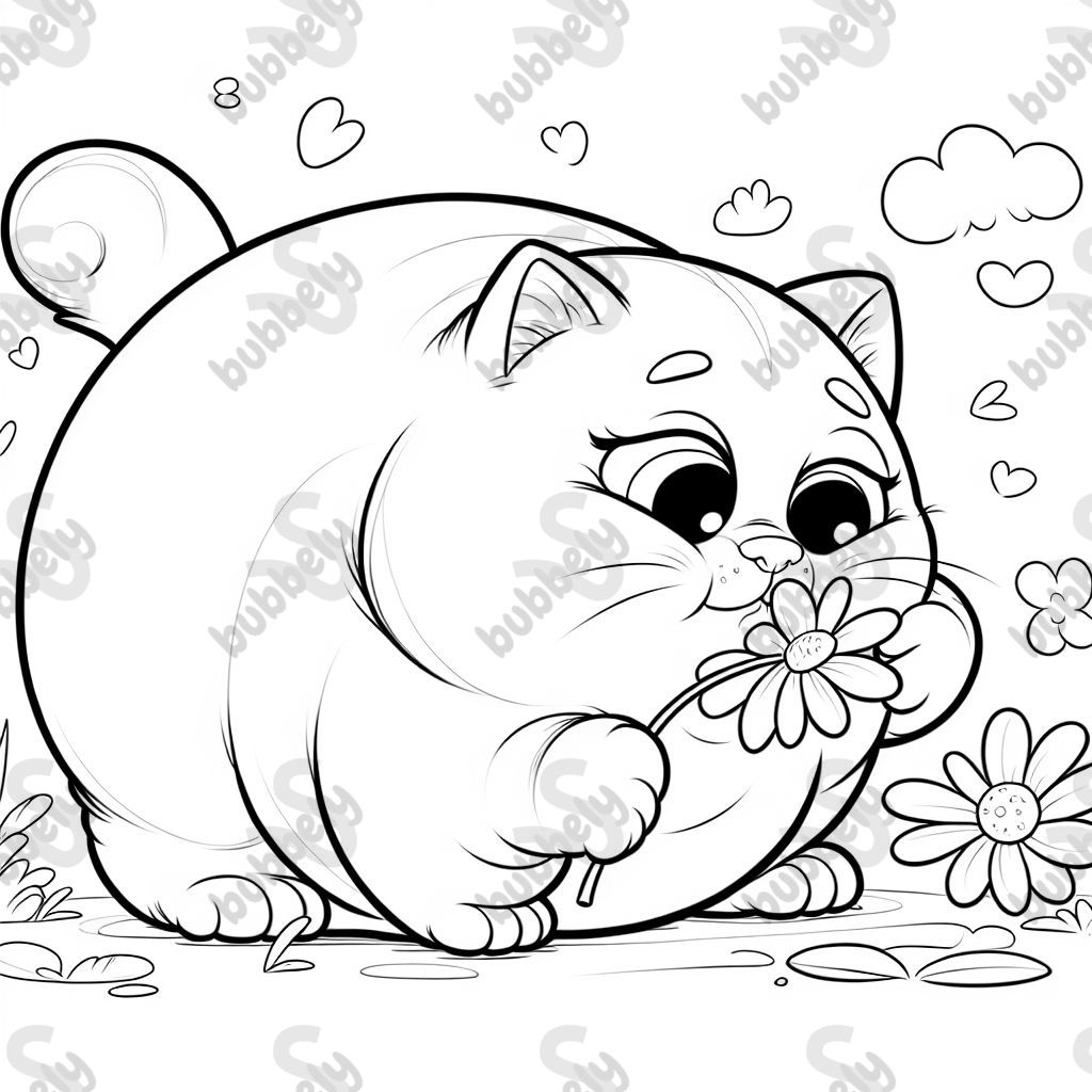 Eine schielende dicke Katze die an einer Blume schnüffelt