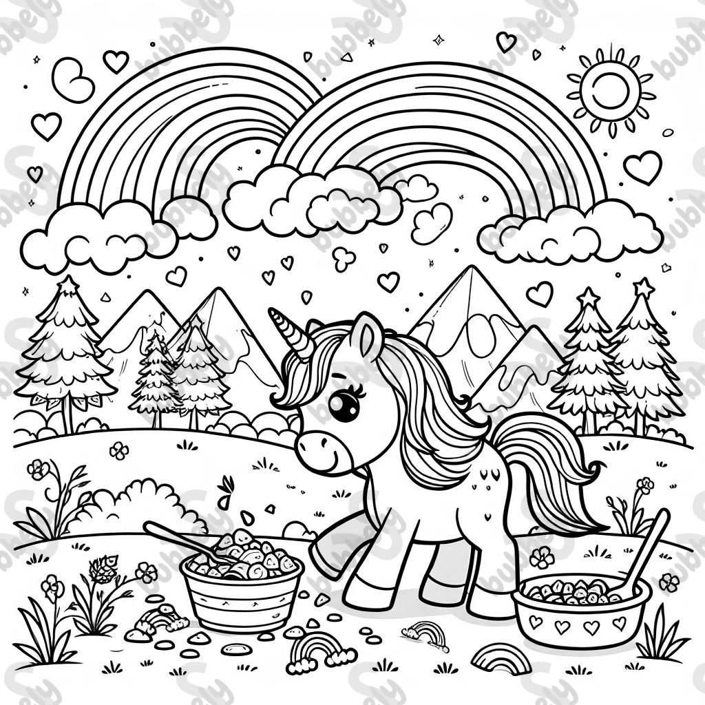 Unicorn searching for food, with rainbows
