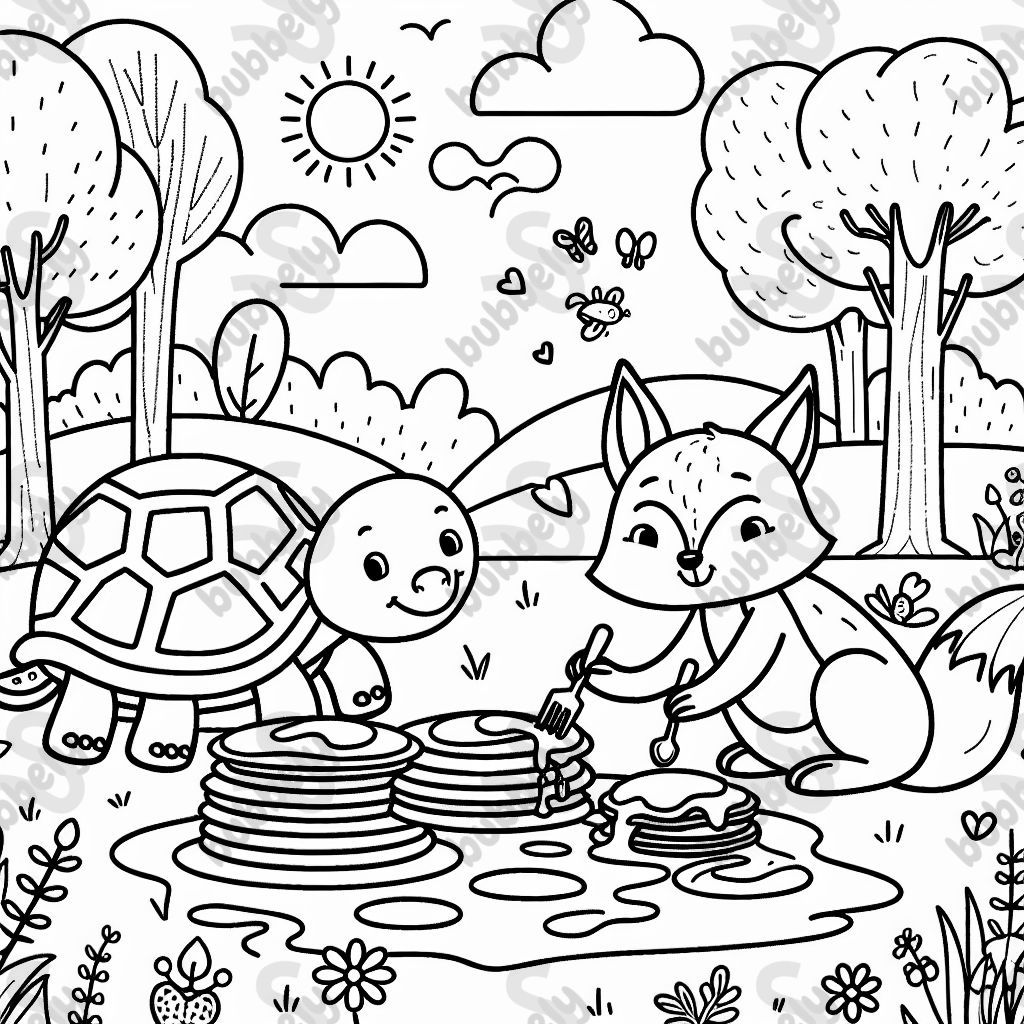 A turtle and a fox making pancakes together. A fun and friendly scene to color.