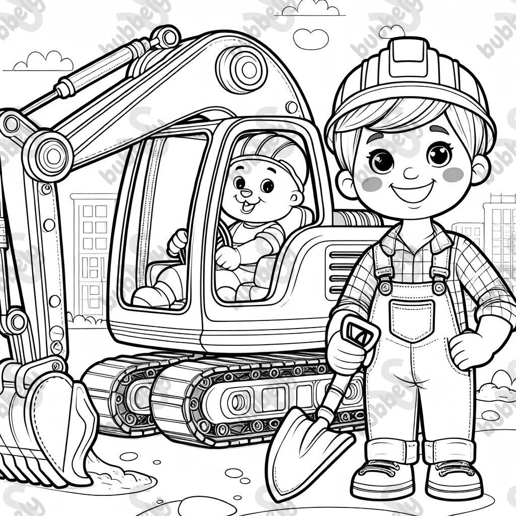 ein Bagger mit Gesicht und ein Junge mit Latzhose, Bauarbeiterhelm und einer Schaufel in der Hand