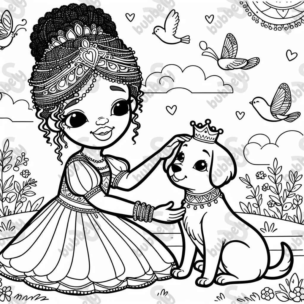 an african american princess petting a dog