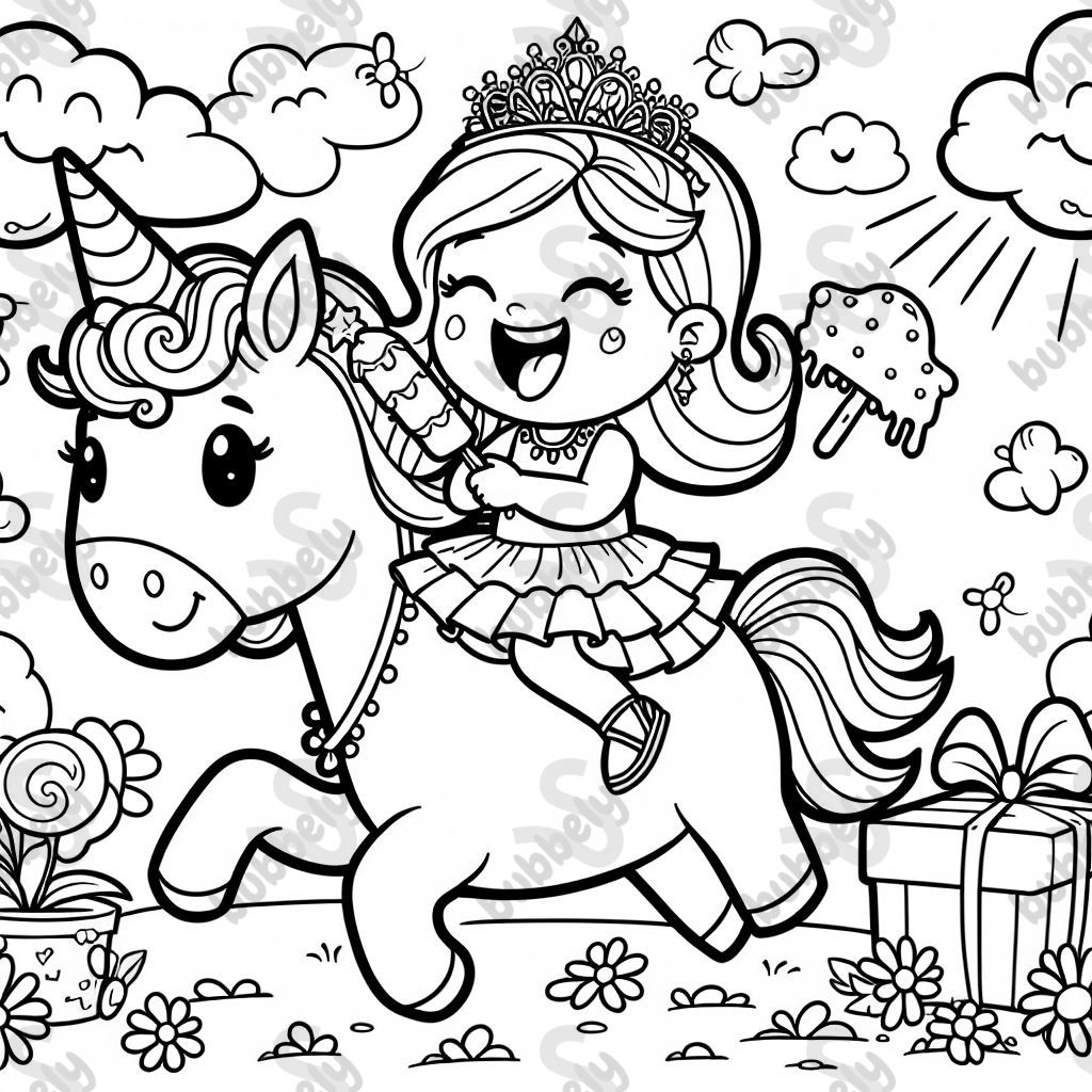 A birthday princess riding a unicorn eating a popsicle