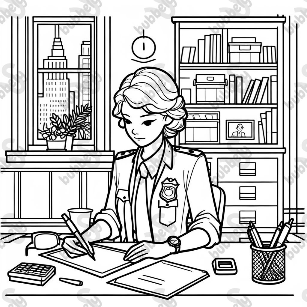 female police detective inside office