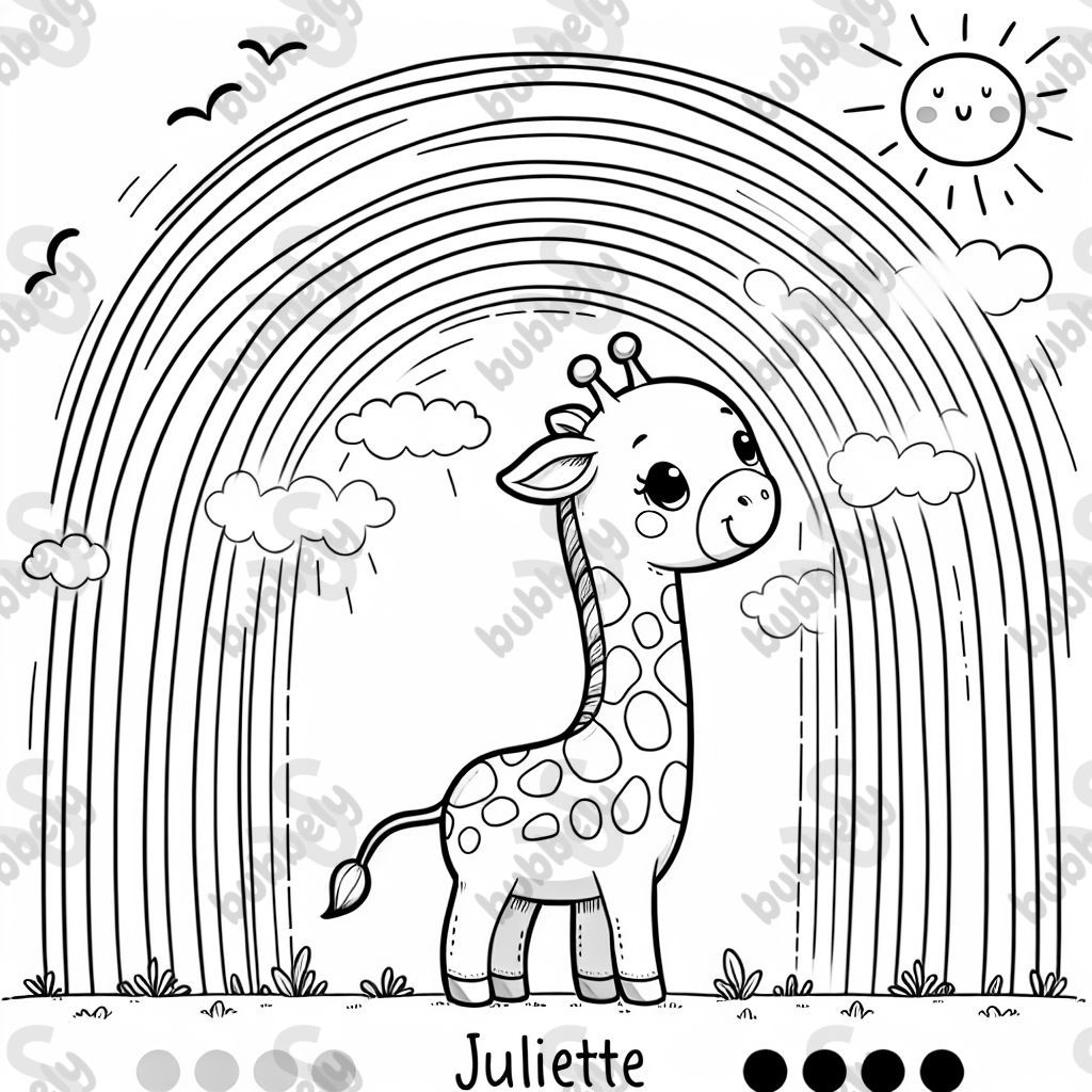 A giraffe under a rainbow with the name, Juliette under it