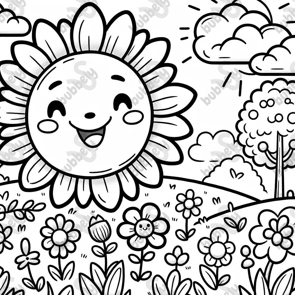 a happy sun over flowers