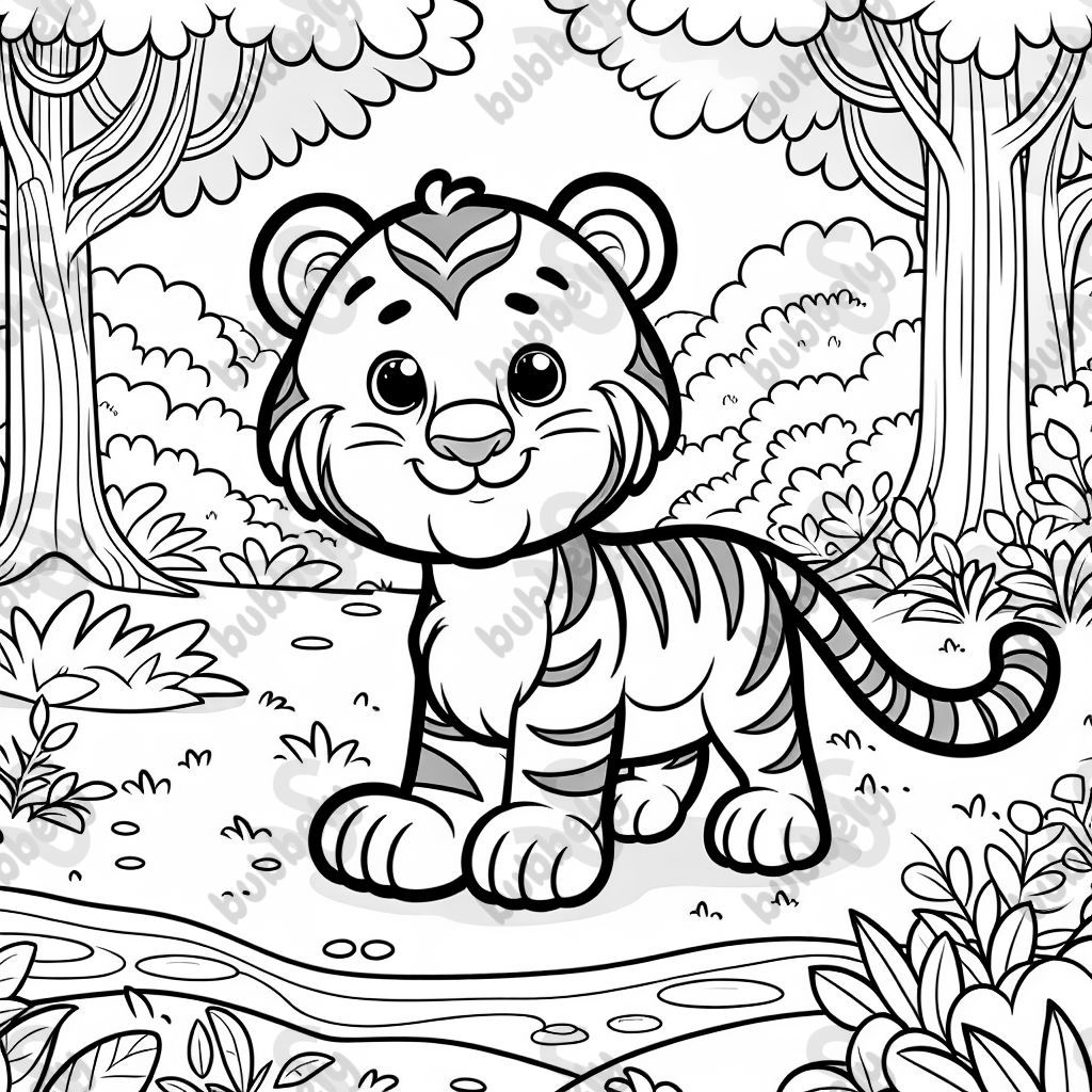 einen Tiger. Der Tiger steht im Wald.