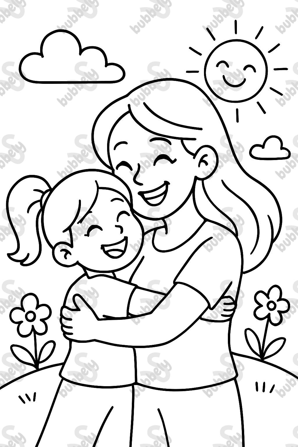 Mom hugging 6 year old daughter. Daughter has a ponytail.