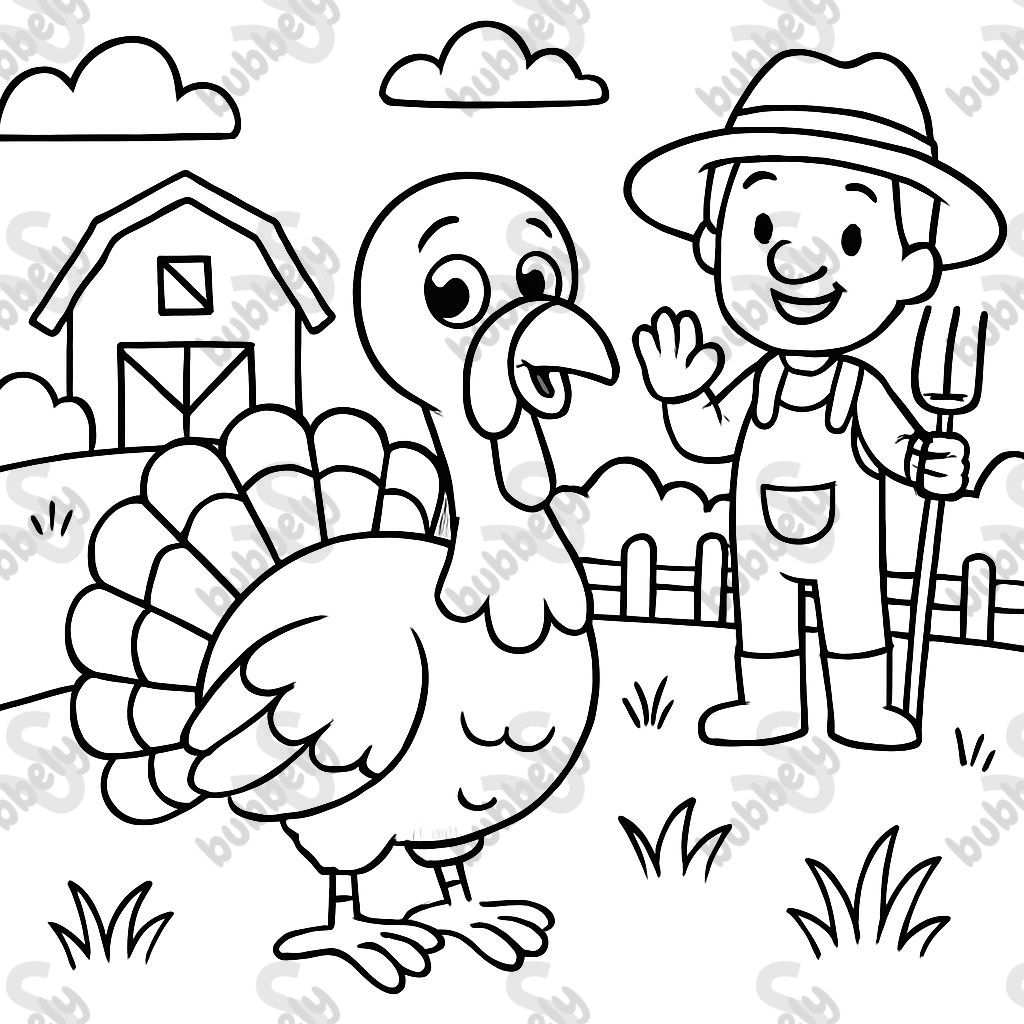 Un dindon dans un champ avec un fermier dans une ferme